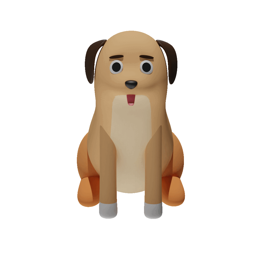 Animated 3D dog character, Carl, sitting and wobbling with a cheerful expression.