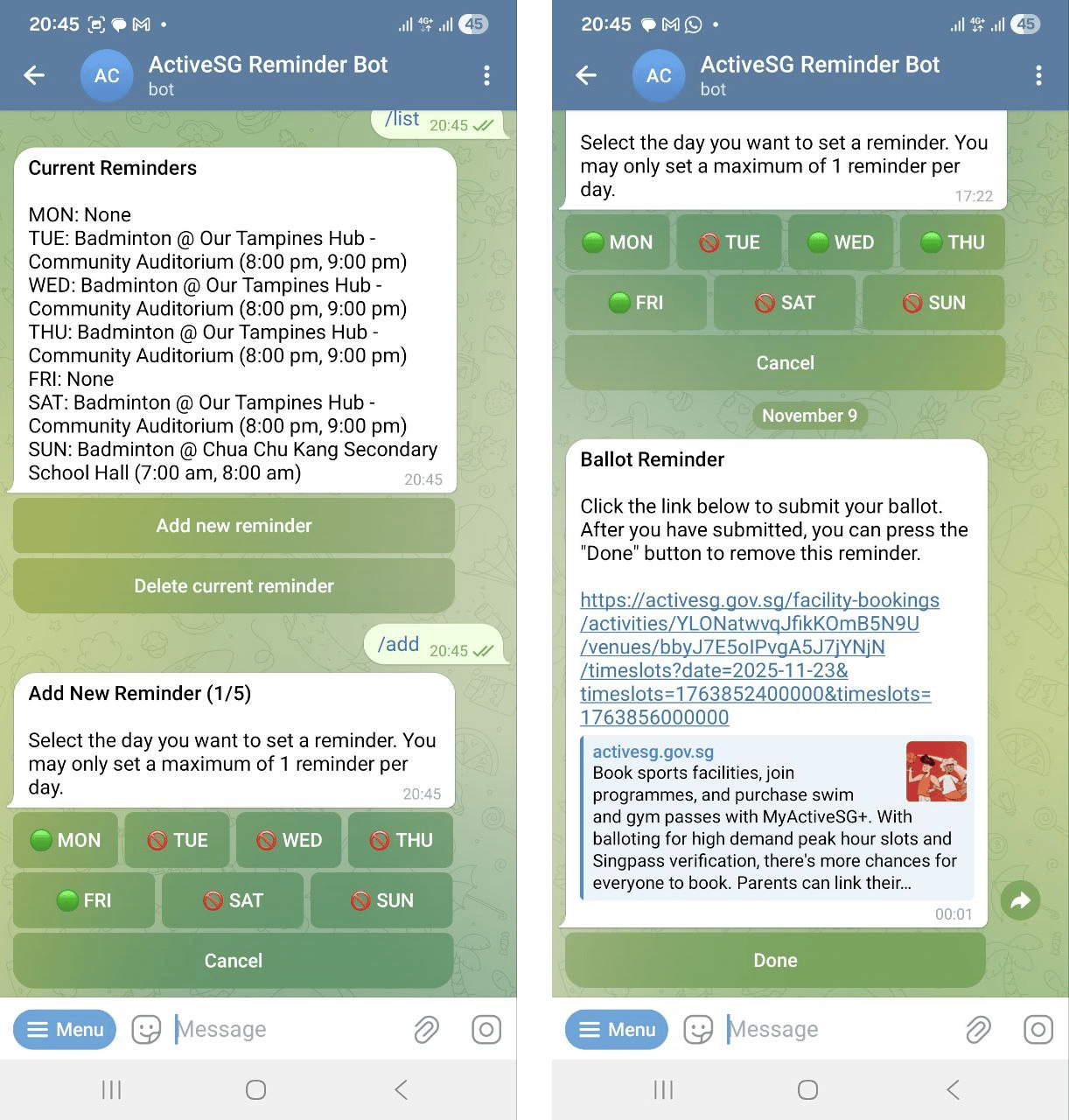Two Telegram screenshots showing the bot in action.