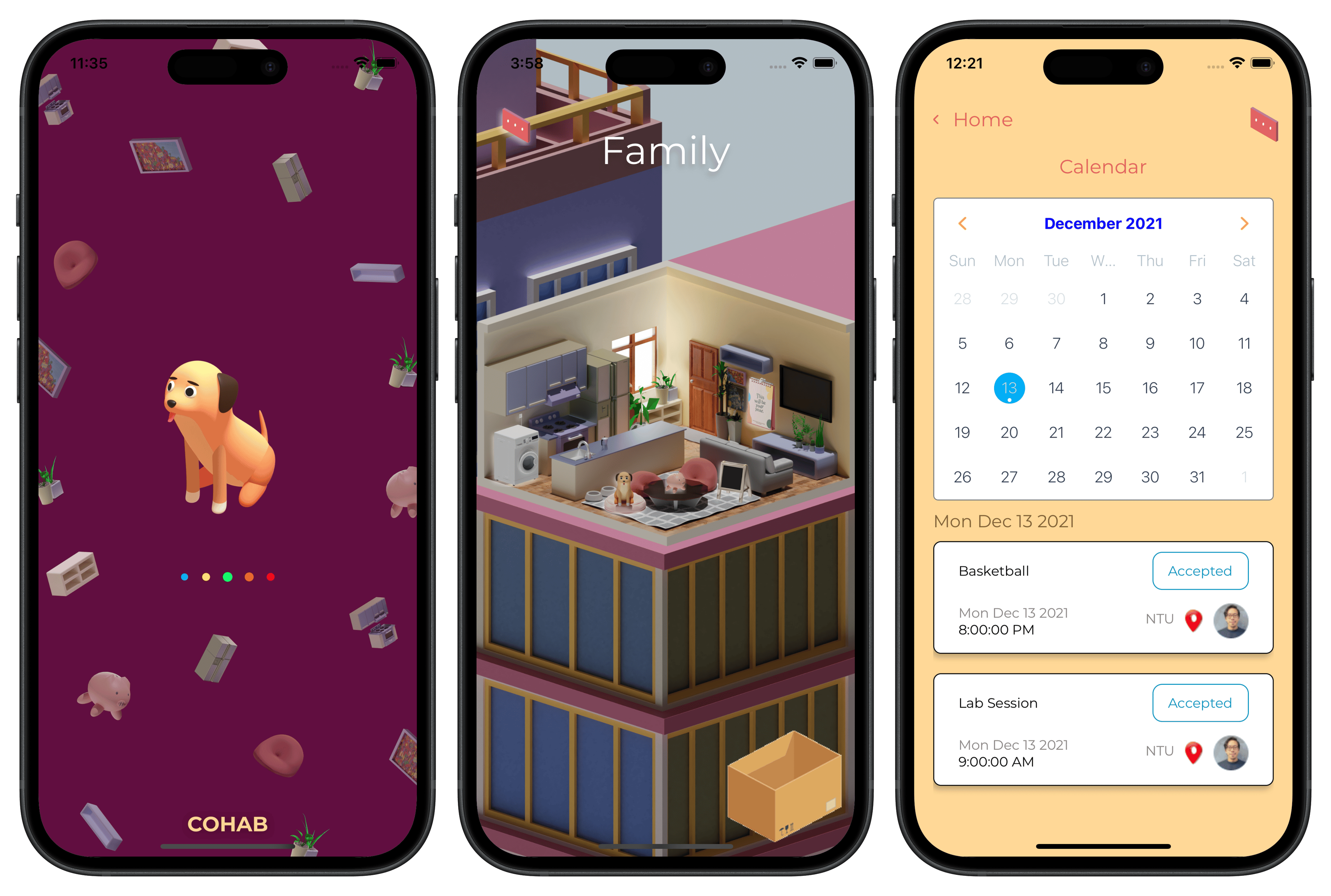 Three mobile screens showcasing the splash screen, room customization, and the calendar functionality of the Cohab app.