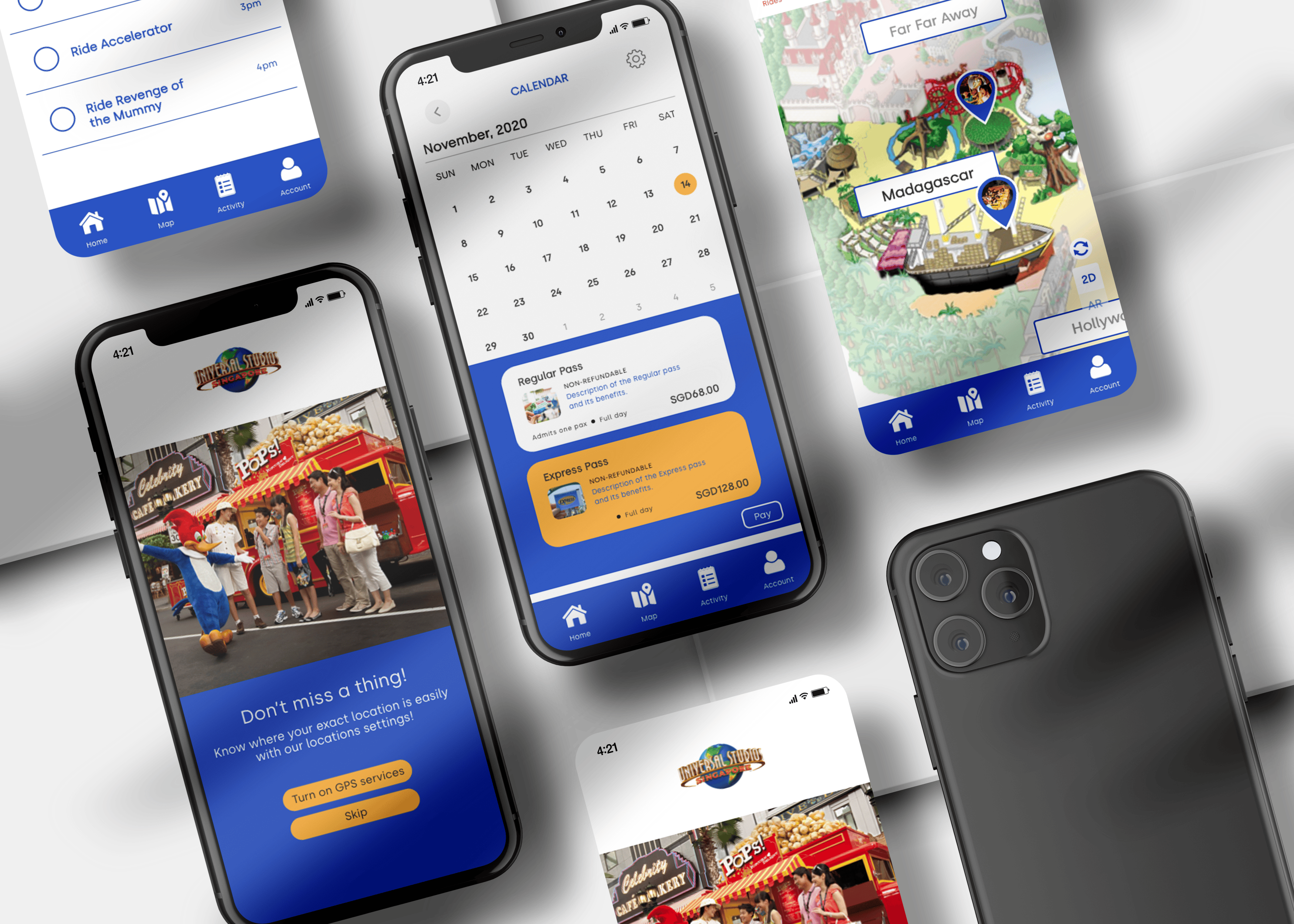 Multiple mobile phone screens displaying redesigned user interface concepts for the Universal Studios Singapore app.