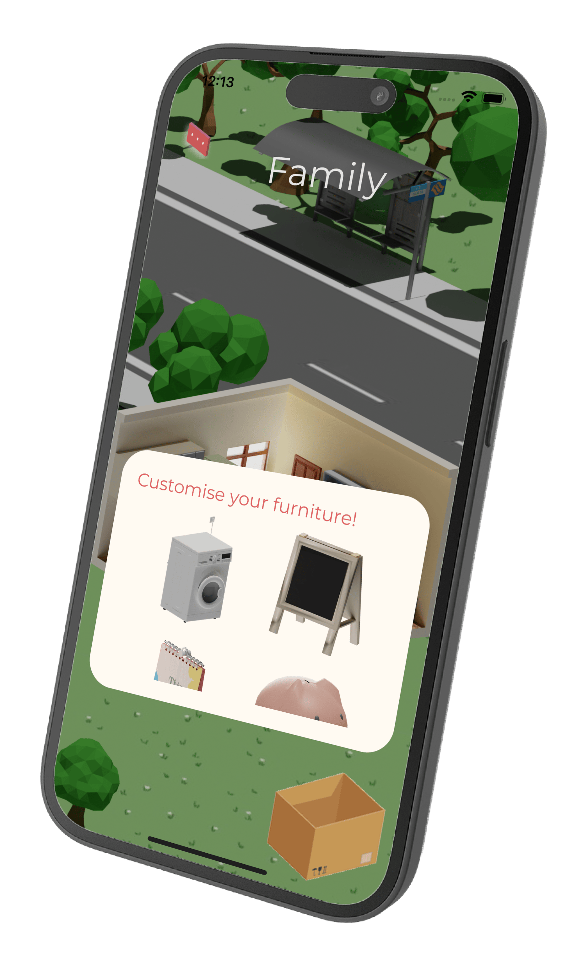 A mobile screen displaying a 3D-rendered home scene with a prompt saying “Customise your furniture!” and icons of furniture items like a washing machine, blackboard, calendar, and piggy bank.