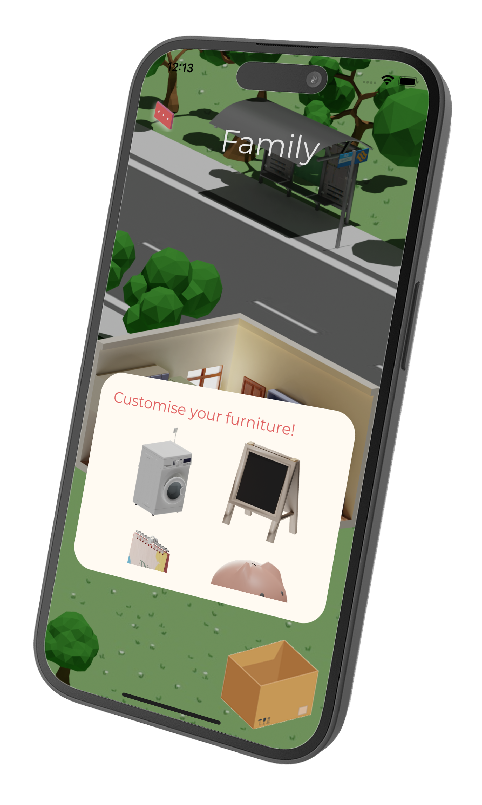 A mobile screen displaying a 3D-rendered home scene with a prompt saying “Customise your furniture!” and icons of furniture items like a washing machine, blackboard, calendar, and piggy bank.
