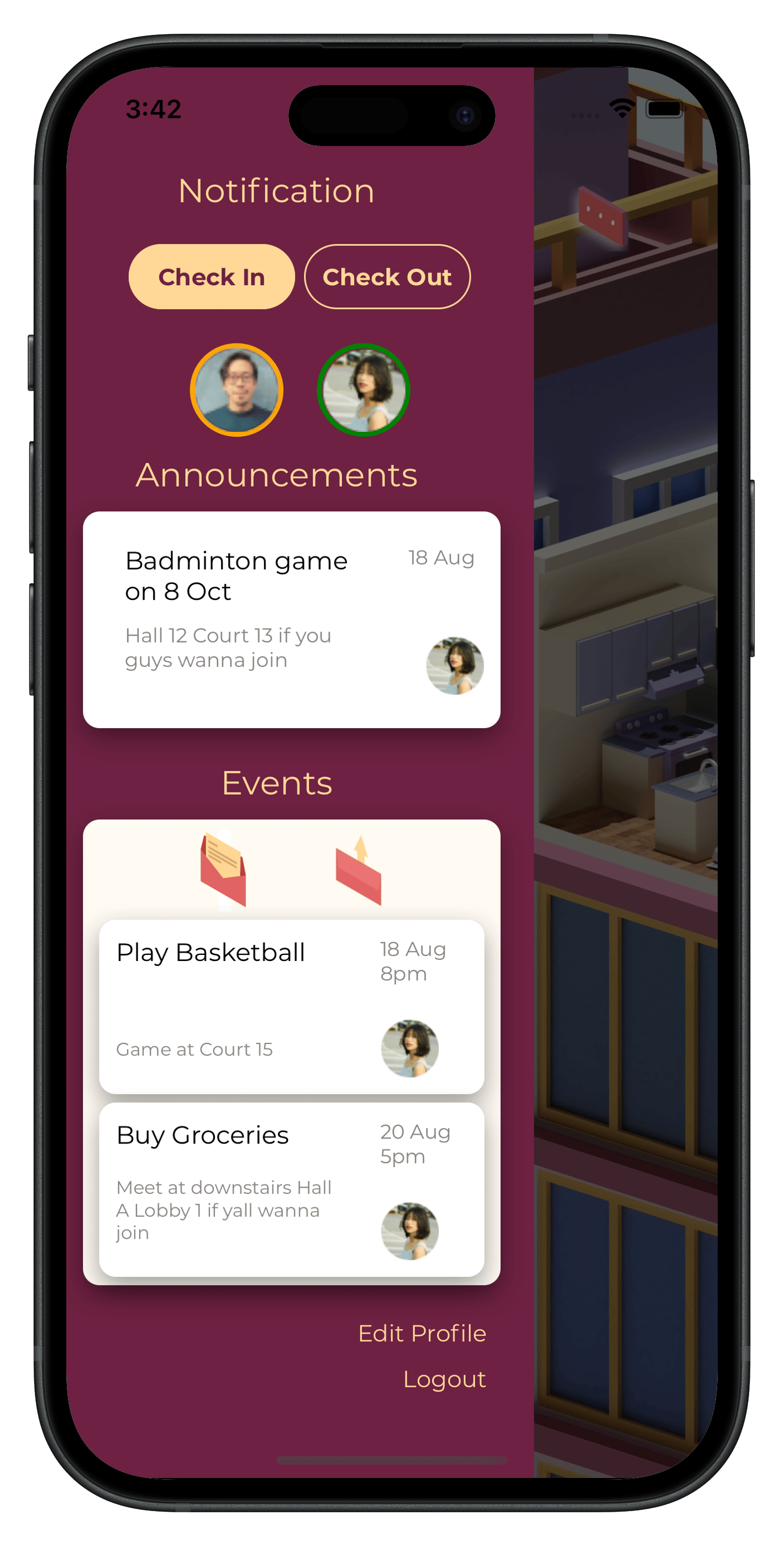 A mobile screen of the Cohab app showing a notification panel listing announcements and upcoming events.