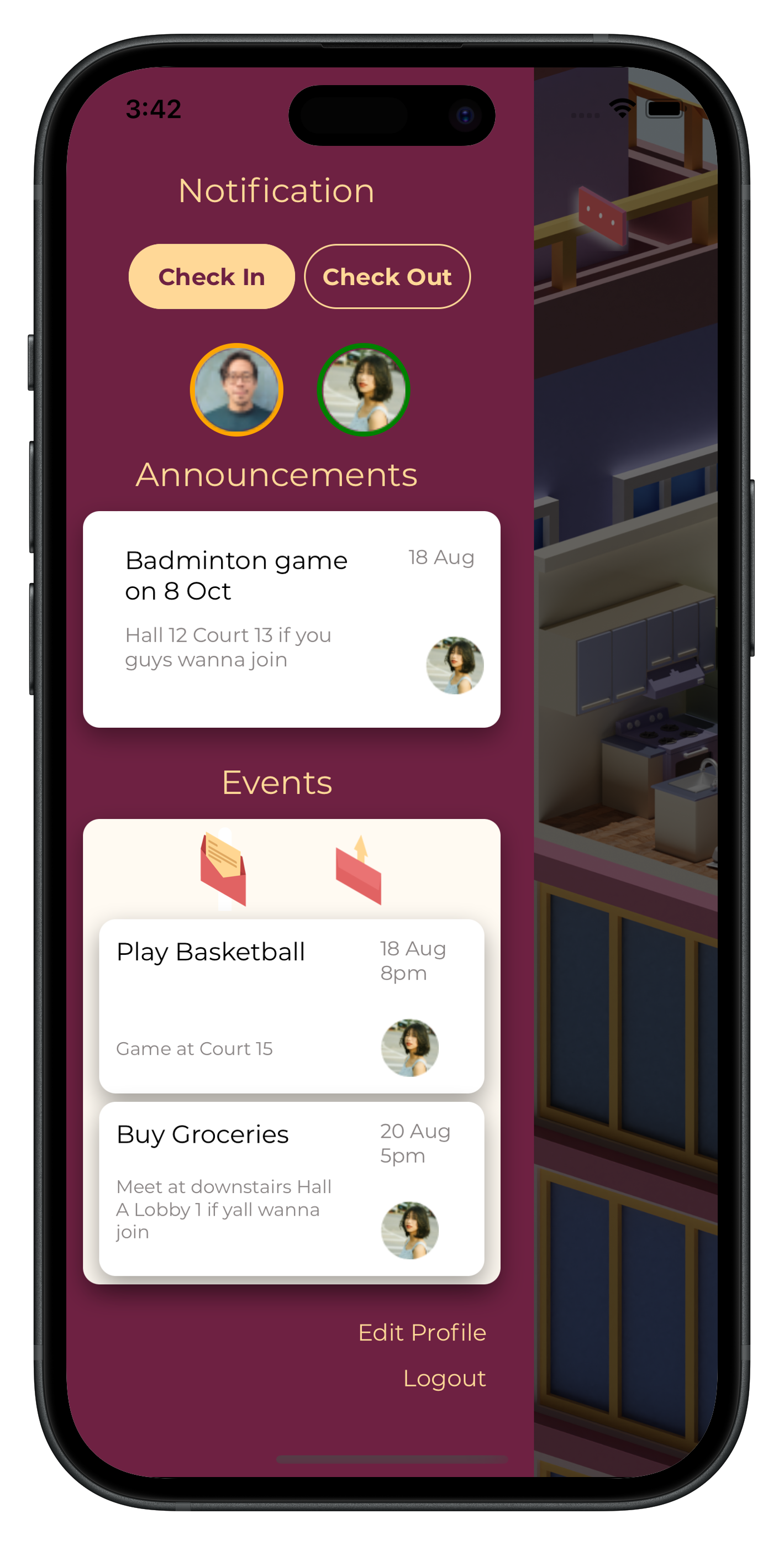 A mobile screen of the Cohab app showing a notification panel listing announcements and upcoming events.