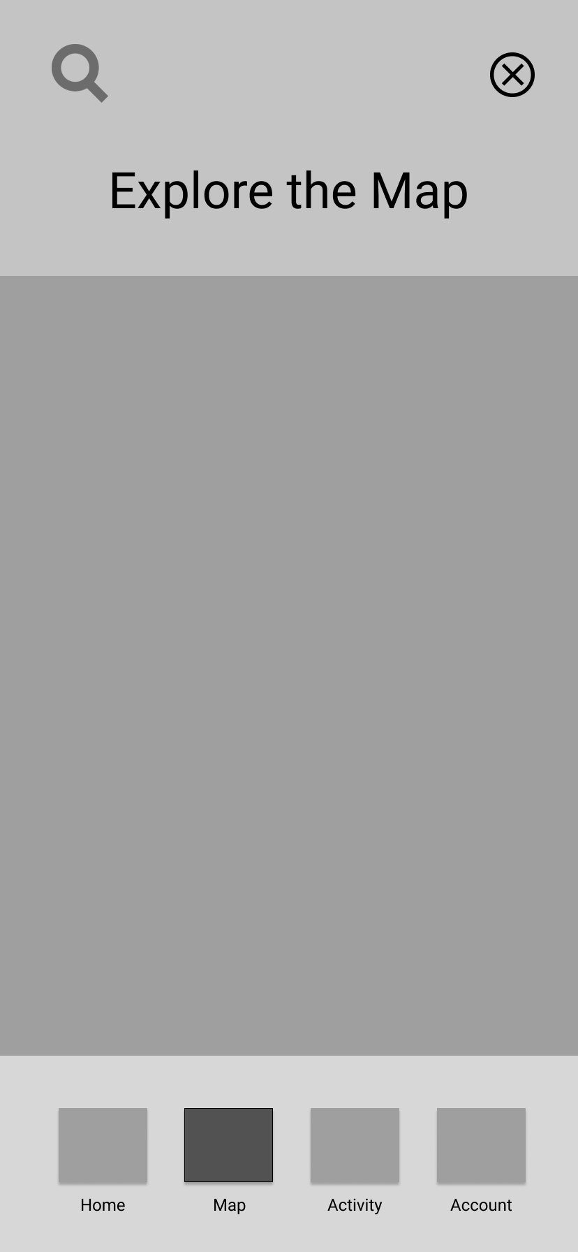 Low-fidelity wireframe outlining the structure and layout of a redesigned Map page.