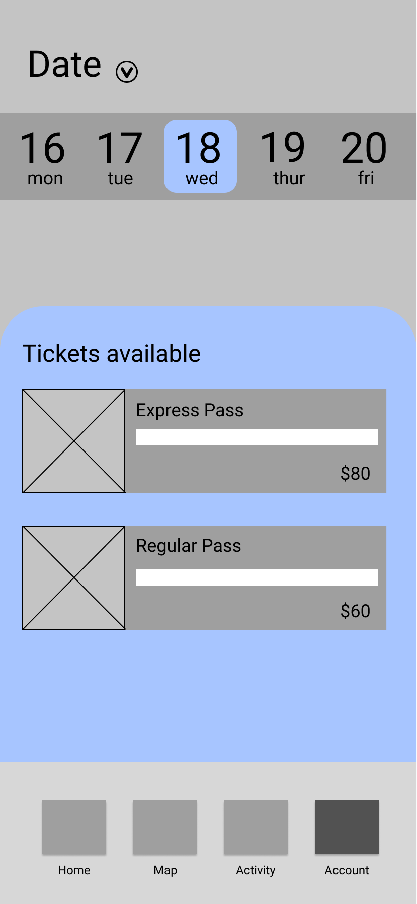 Low-fidelity wireframe outlining the structure and layout of a redesigned Account page.